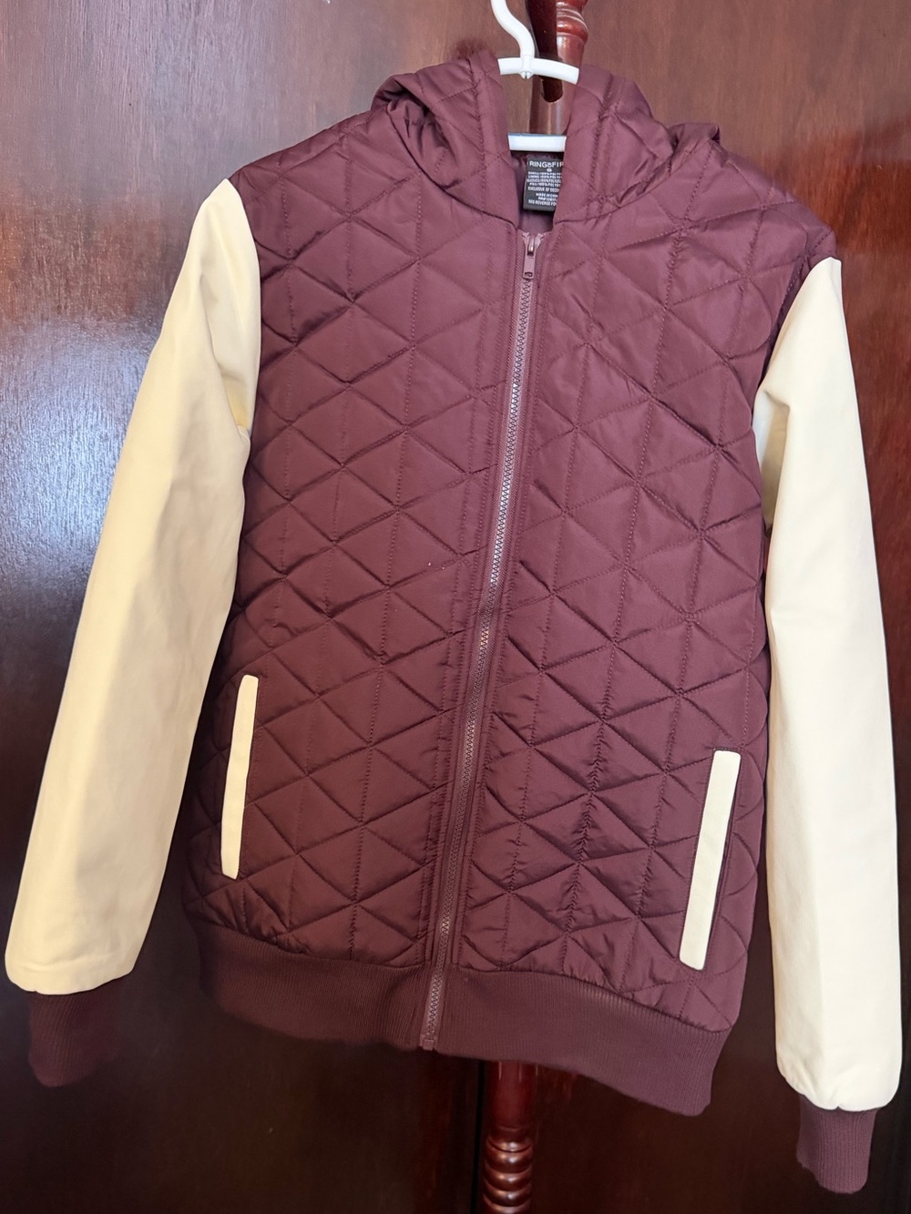 Ring of Fire Quilted Hooded Puffer Jacket in Burgundy and Cream